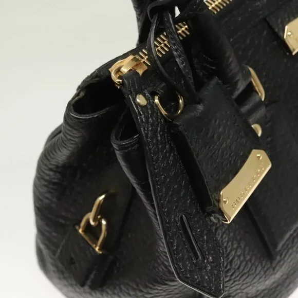 BURBERRY Hand Bag Leather 2way Black Gold Auth mr1365 - Picture 10 of 16